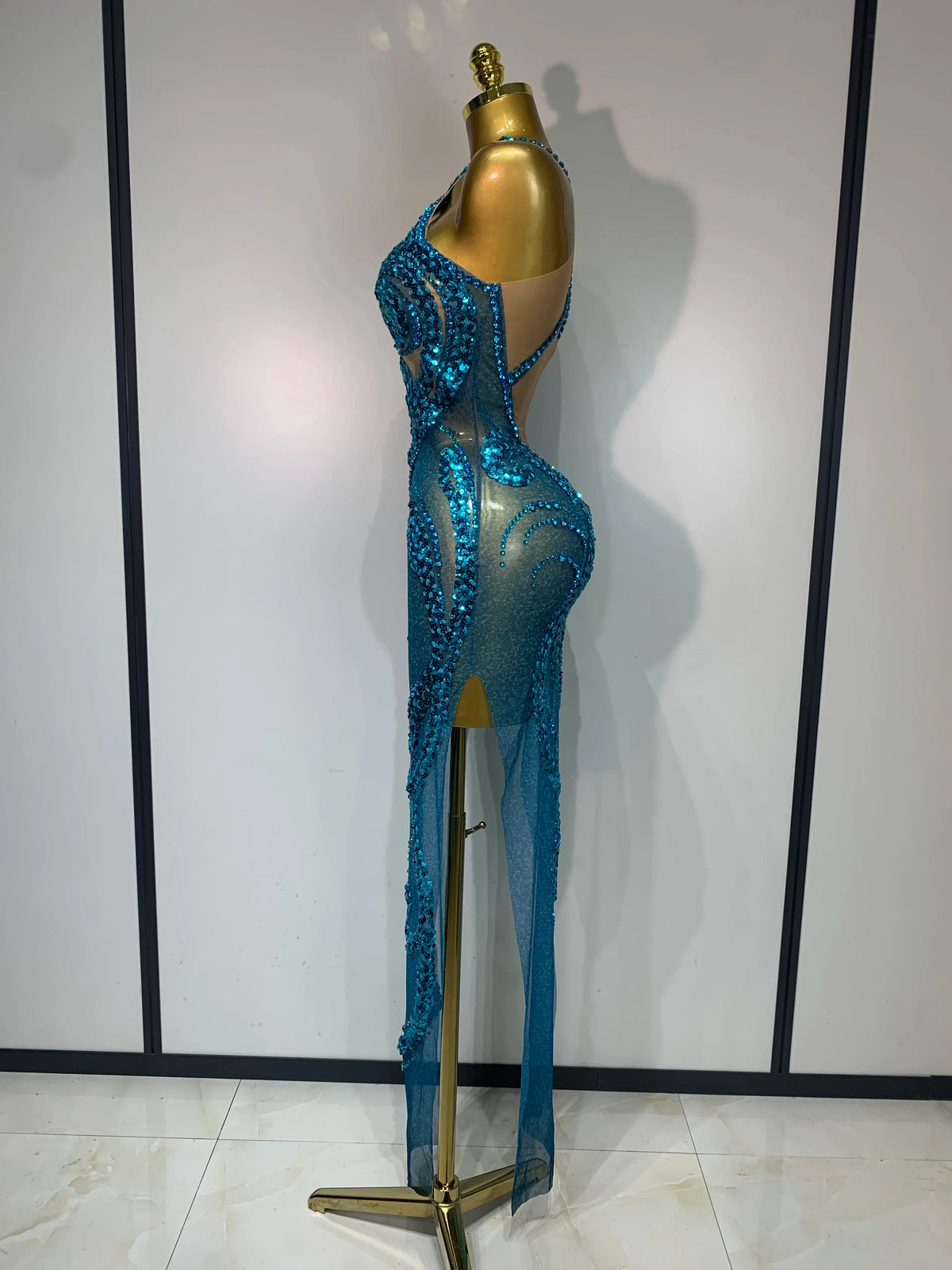 Blue Rhinestone Sequins Mesh Maxi Dress
