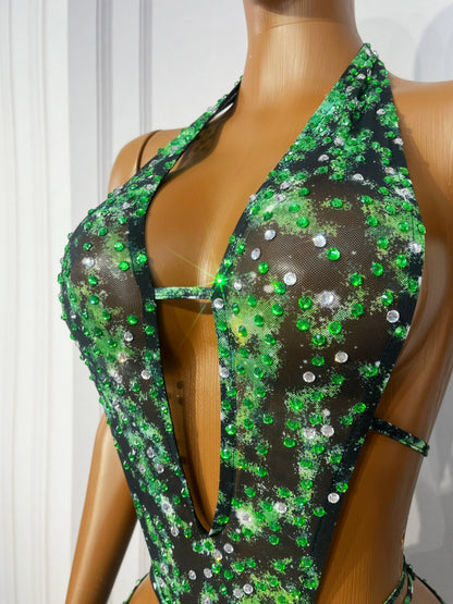 Green Rhinestone Mesh Skirt Set