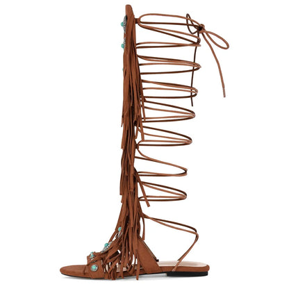 Lace Up Fringe Sandals
