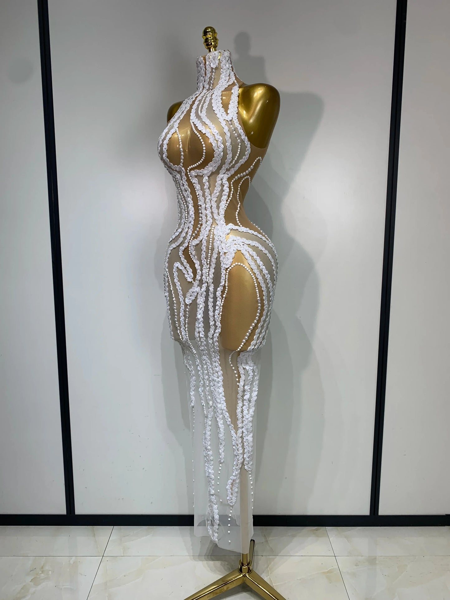 Pearl Sequined Mesh Maxi Dress