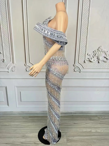 Grandiose Rhinestone Mesh Maxi Dress