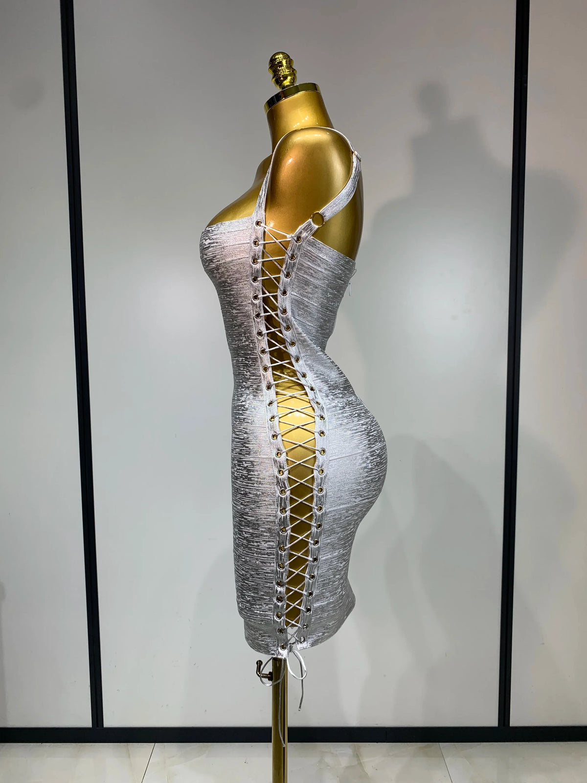 Metallic Side Lace Up Bandage Mini Dress