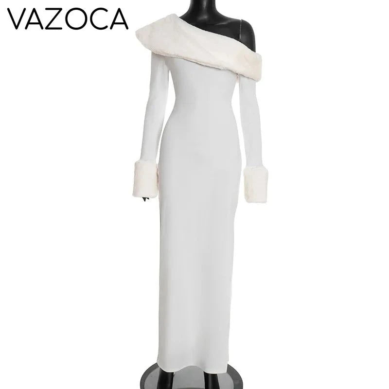 Fur Collar Off One Shoulder Bodycon Dress