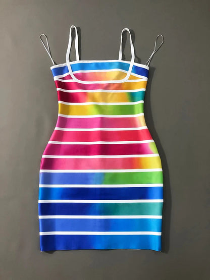 Rainbow Stripe Bandage Mini Dress