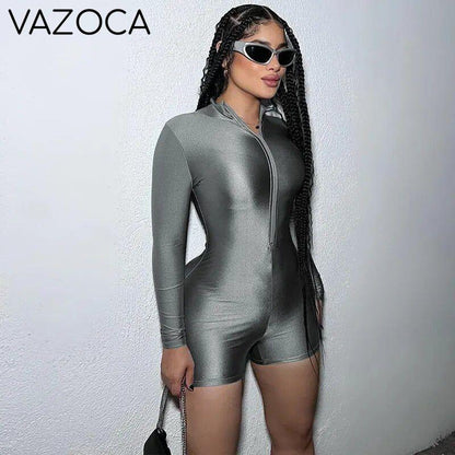 Long Sleeves Shiny Playsuit Gray
