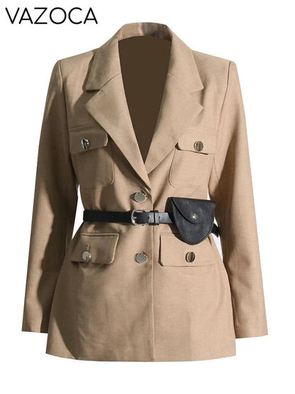 Notched Collar Belt Temperament Blazer Khaki
