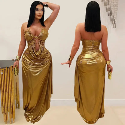 Gold Metallic Ruched Maxi Dress