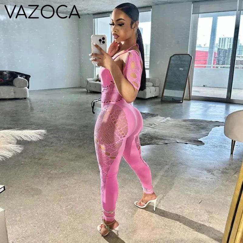 Mesh Hollow Out Stretchy Jumpsuit