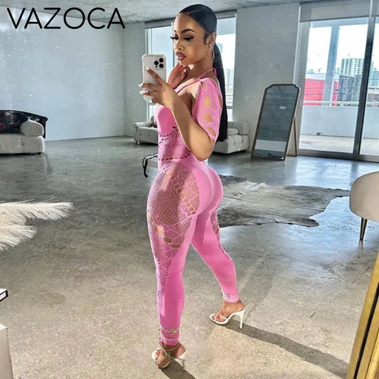 Mesh Hollow Out Stretchy Jumpsuit