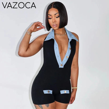 Denim Print Collar Button Romper