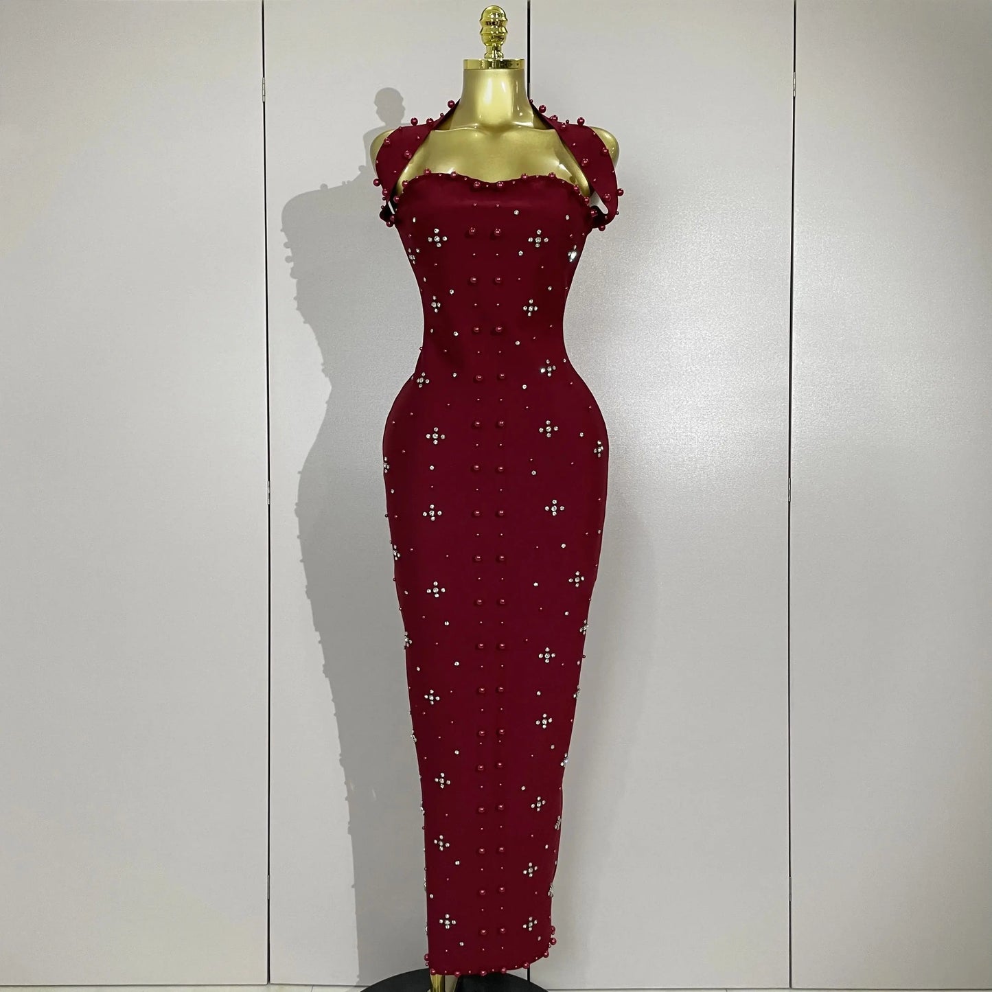 Rhinestone Pearl Bandage Midi Dress