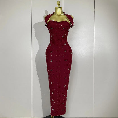 Rhinestone Pearl Bandage Midi Dress