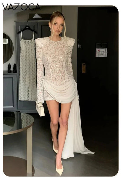 Opulent White Sequins Mini Dress