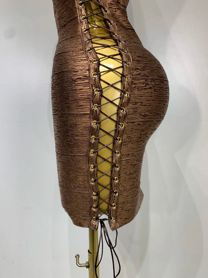 Metallic Side Lace Up Bandage Mini Dress