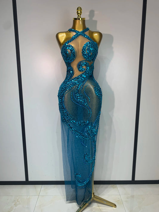 Blue Rhinestone Sequins Mesh Maxi Dress