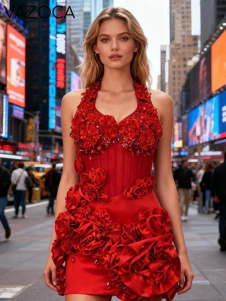 Floral Halter Sequins Mini Dress
