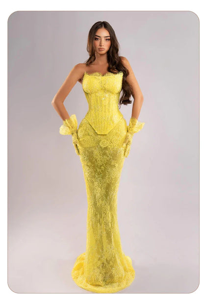 Yellow Lace Mermaid Sheer Maxi Dress