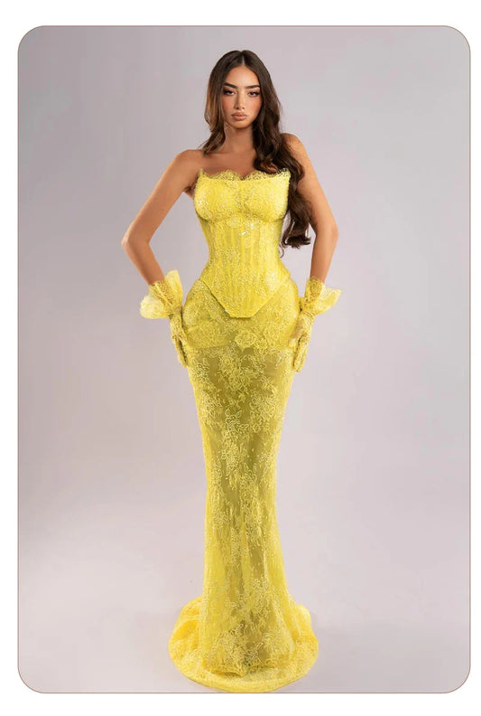 Yellow Lace Mermaid Sheer Maxi Dress