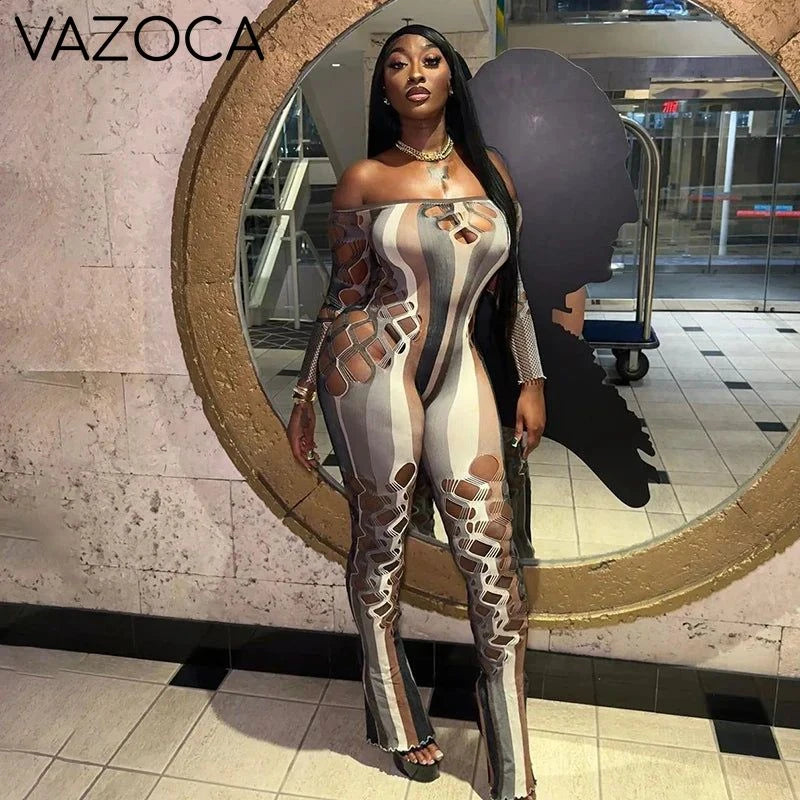Mesh Striped Hollow Jumpsuit