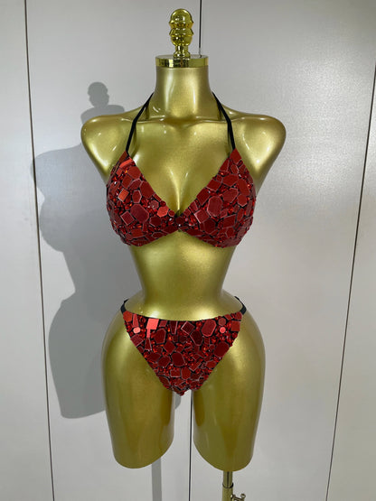 Red Mirror Bikini Mesh Dress Set