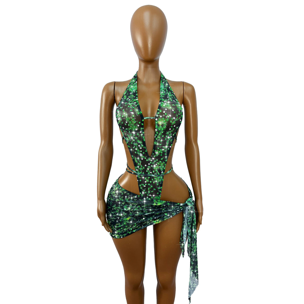 Green Rhinestone Mesh Skirt Set