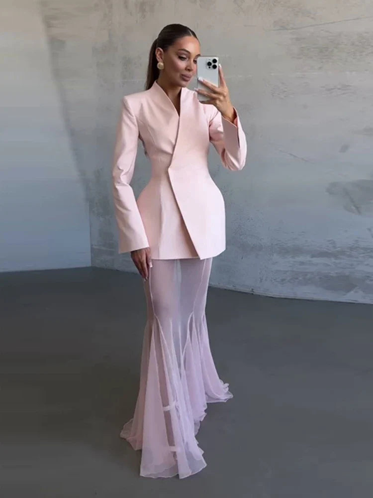 Pink Blazer Mesh Skirt Set
