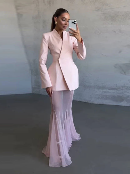 Pink Blazer Mesh Skirt Set