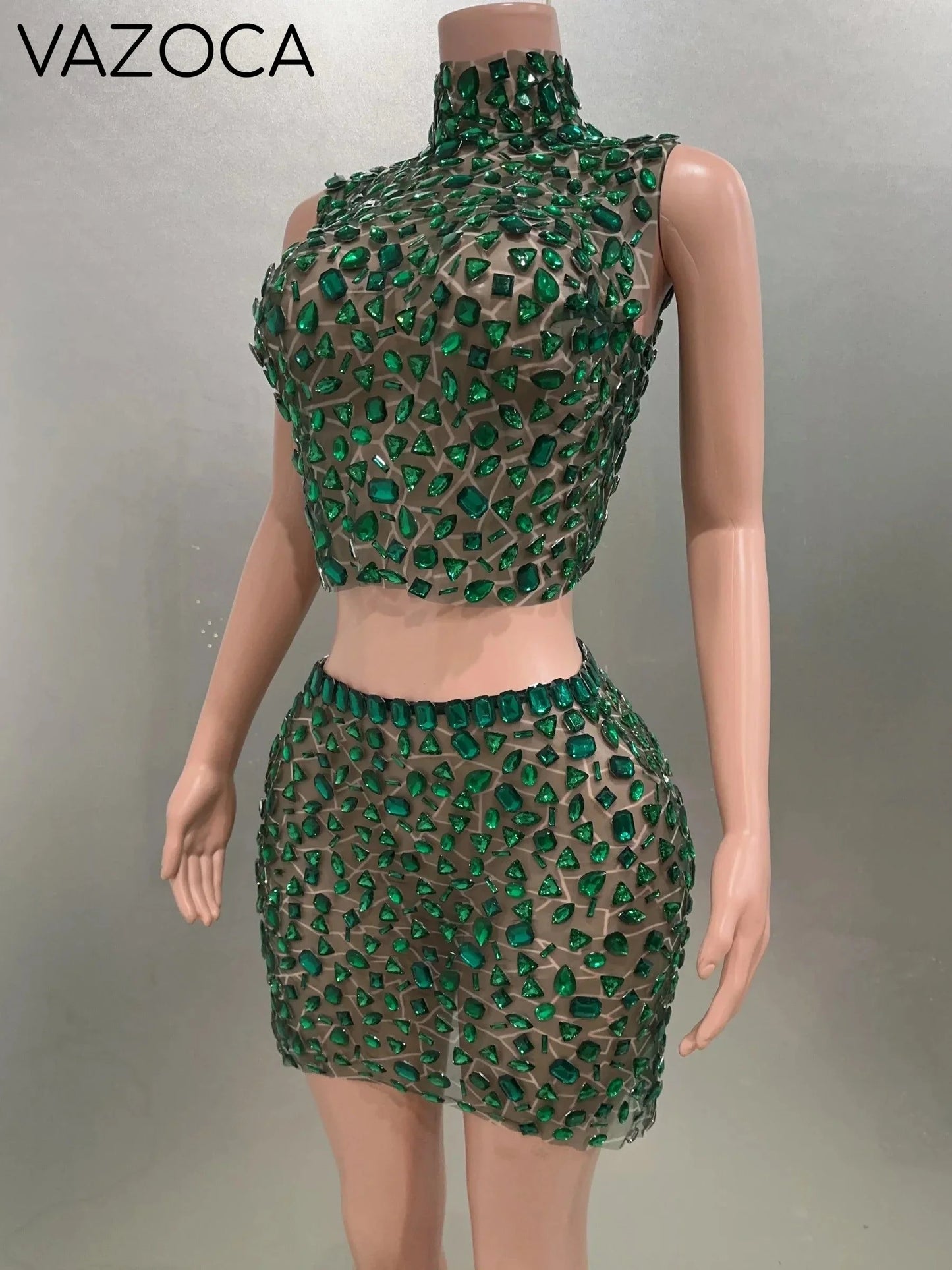 Rhinestone Green Mini Skirt Set