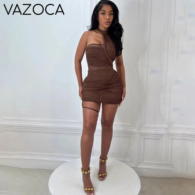 Mesh Wrap Halter Mini Dress
