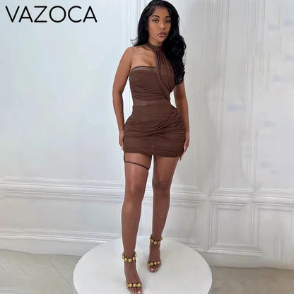 Mesh Wrap Halter Mini Dress
