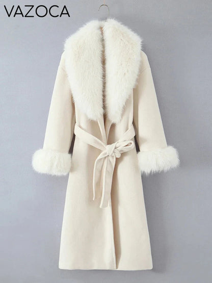 Fur Collar Elegant Trench Coat BEIGE