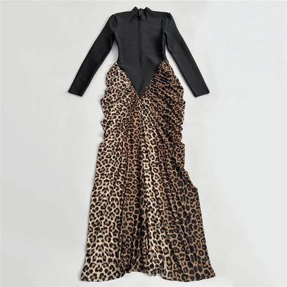 Leopard Pleated Bandage Maxi Dress