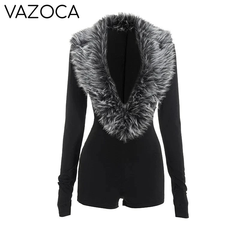 Luxe Fur Deep V-Collar Romper