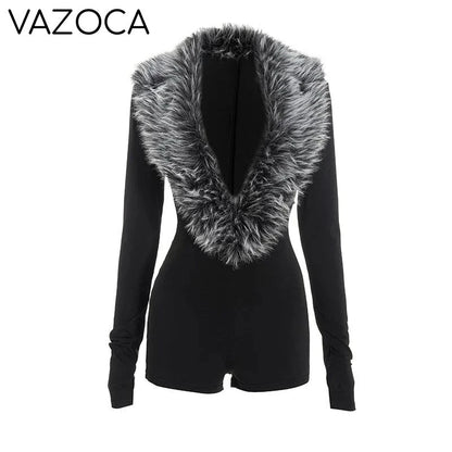 Luxe Fur Deep V-Collar Romper