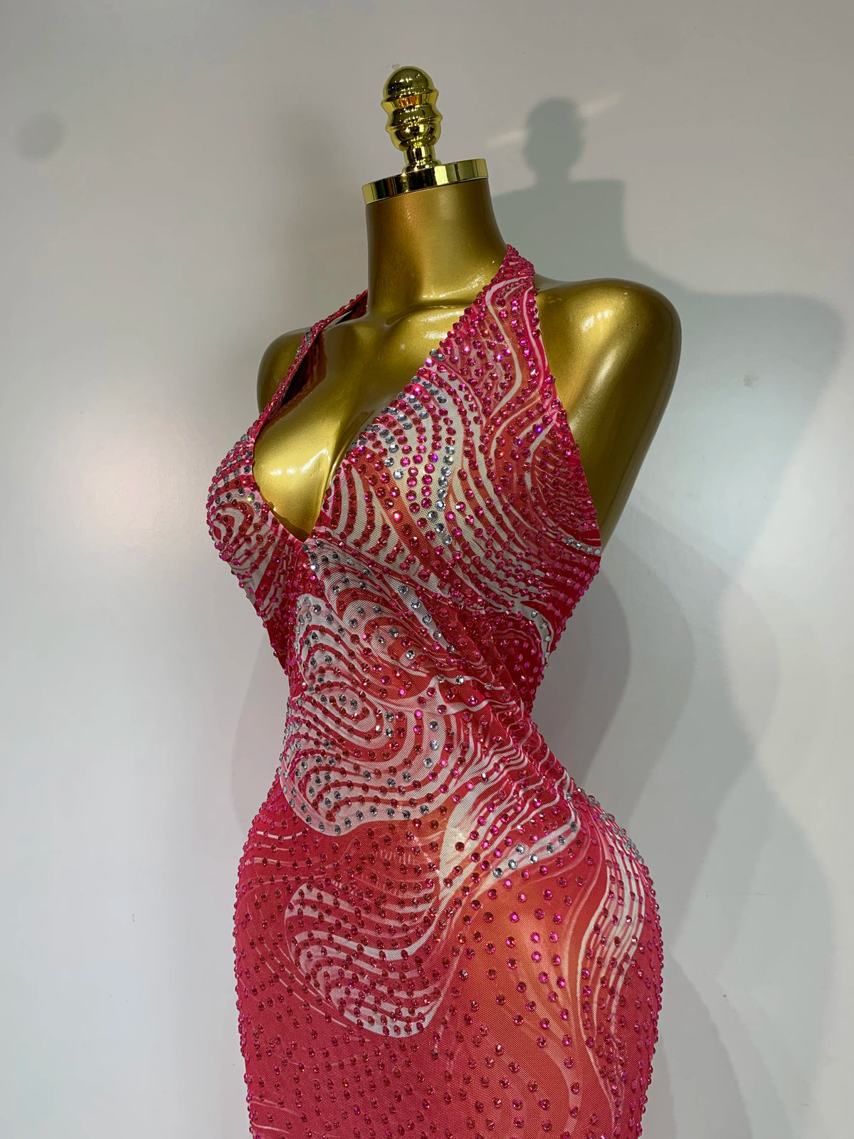 Luxe Rhinestone Mesh Maxi Dress- Peach Pink