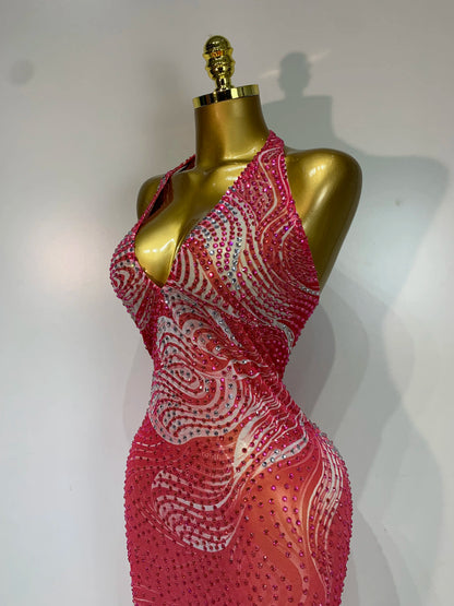 Luxe Rhinestone Mesh Maxi Dress- Peach Pink