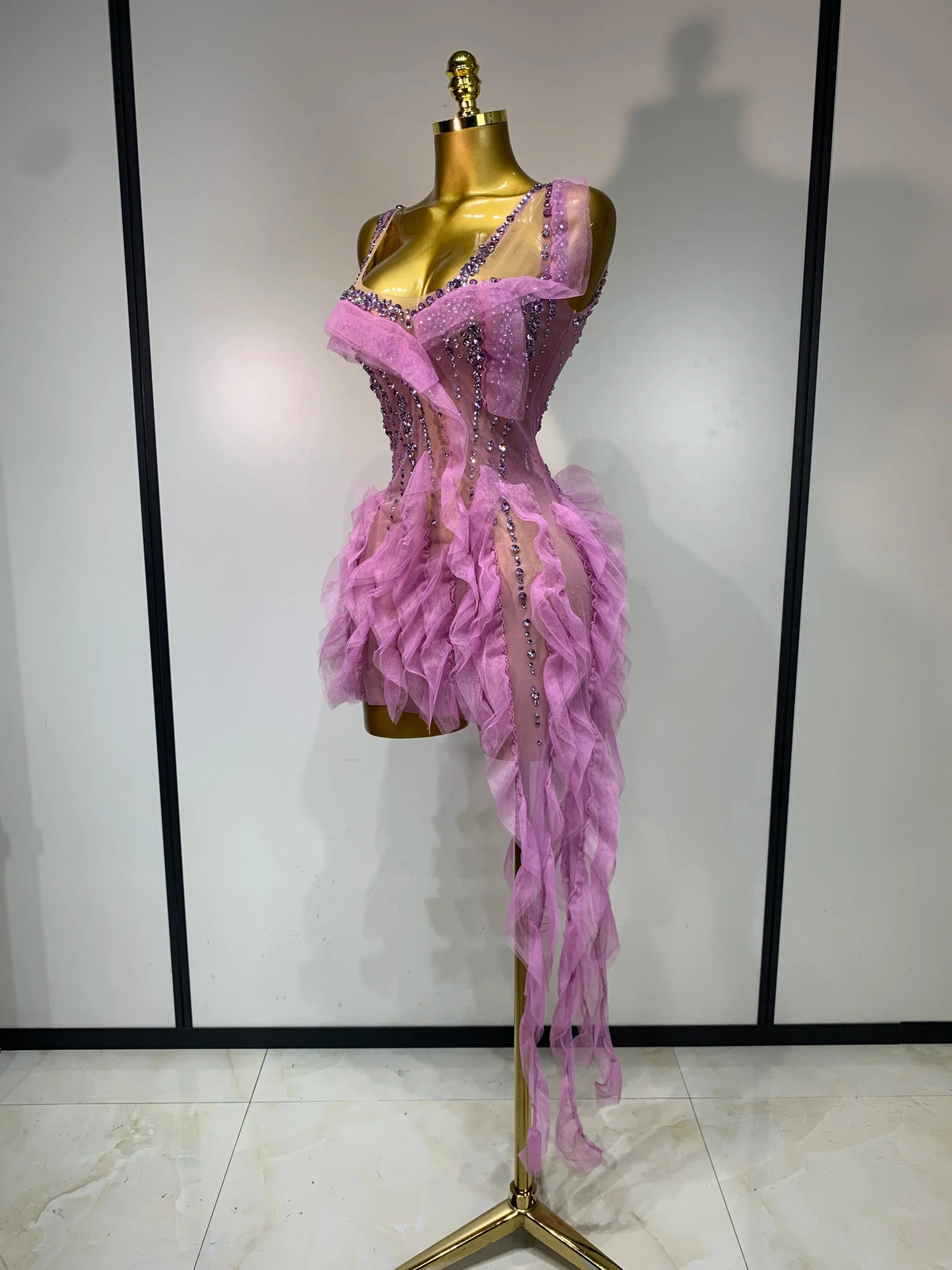Mona Rhinestone Tassel Sheer Mini Dress