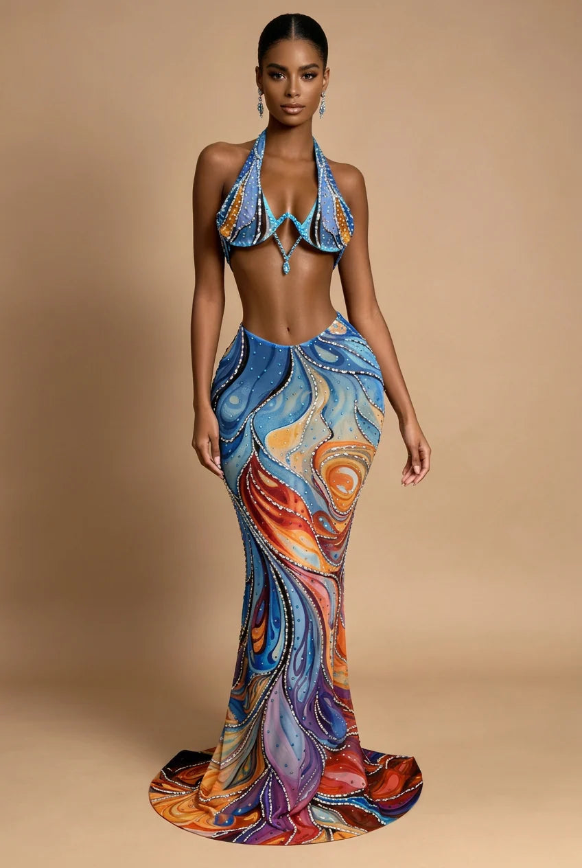 Abstract Swirl Rhinestone Skirt Set