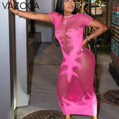 Flame Print Mesh Bodycon Dress