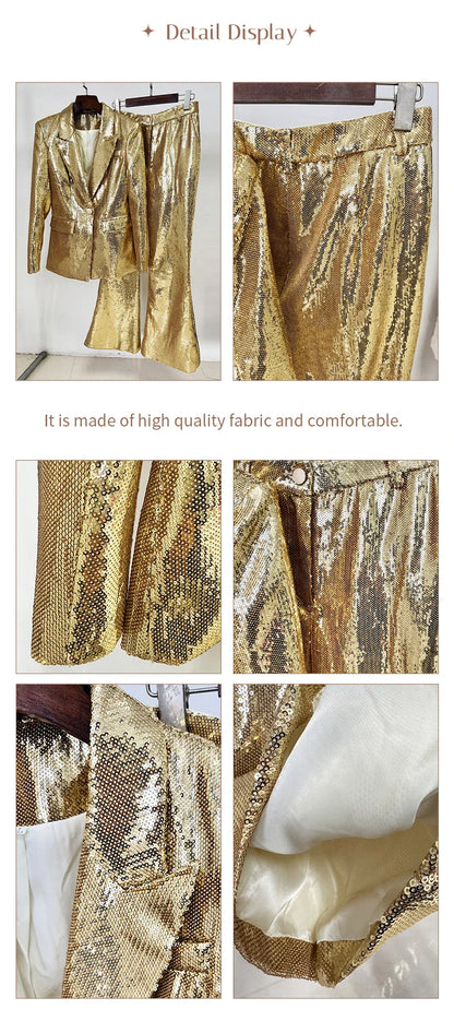 Luxury Gold Sequin Blazer Pants Set