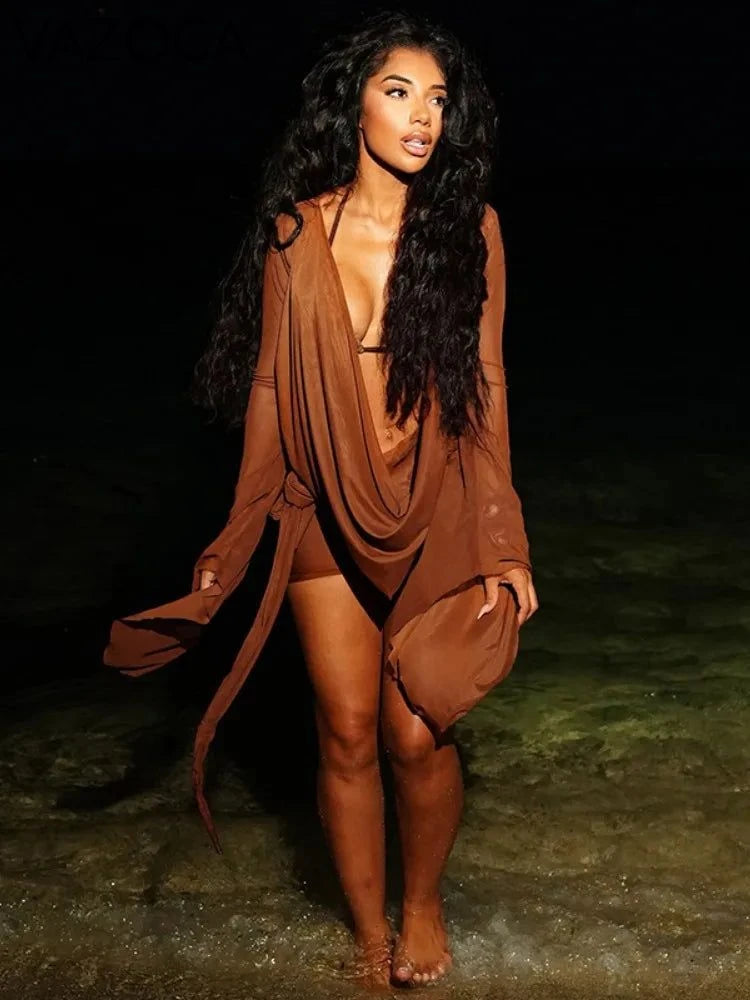 Nevaee Sheer Mesh Mini Dress Brown