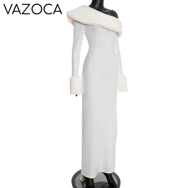 Fur Collar Off One Shoulder Bodycon Dress