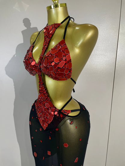Red Mirror Bikini Mesh Dress Set