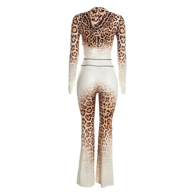 Gradient Leopard Hooded Flared Pants Set
