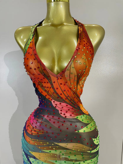 Sparkly Colorful Rhinestone Mesh Maxi Dress