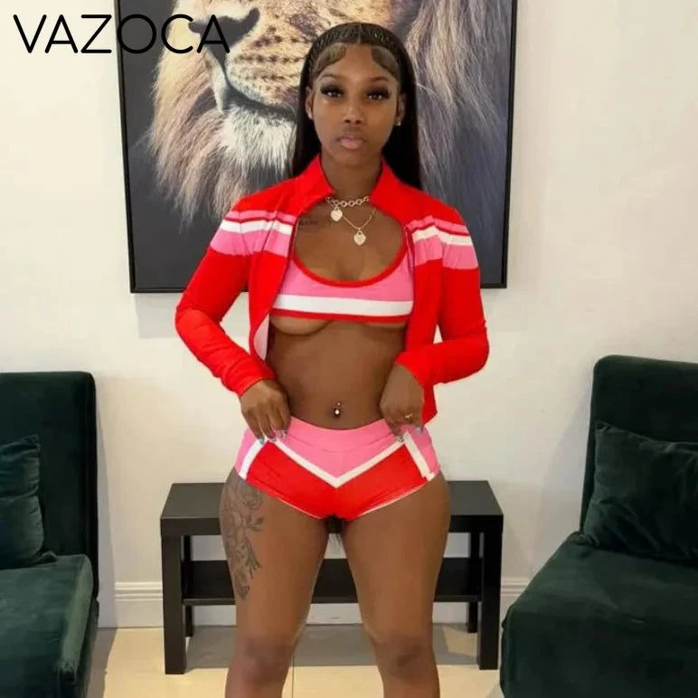 Striped Zip-Up Crop Shorts Set