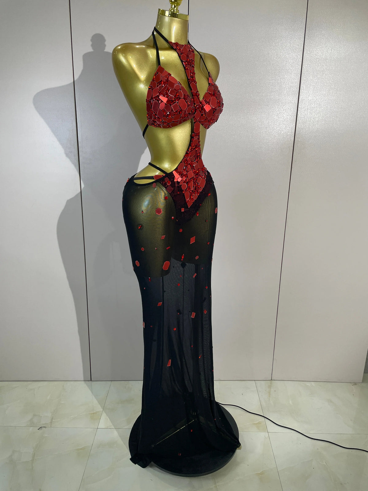Red Mirror Bikini Mesh Dress Set