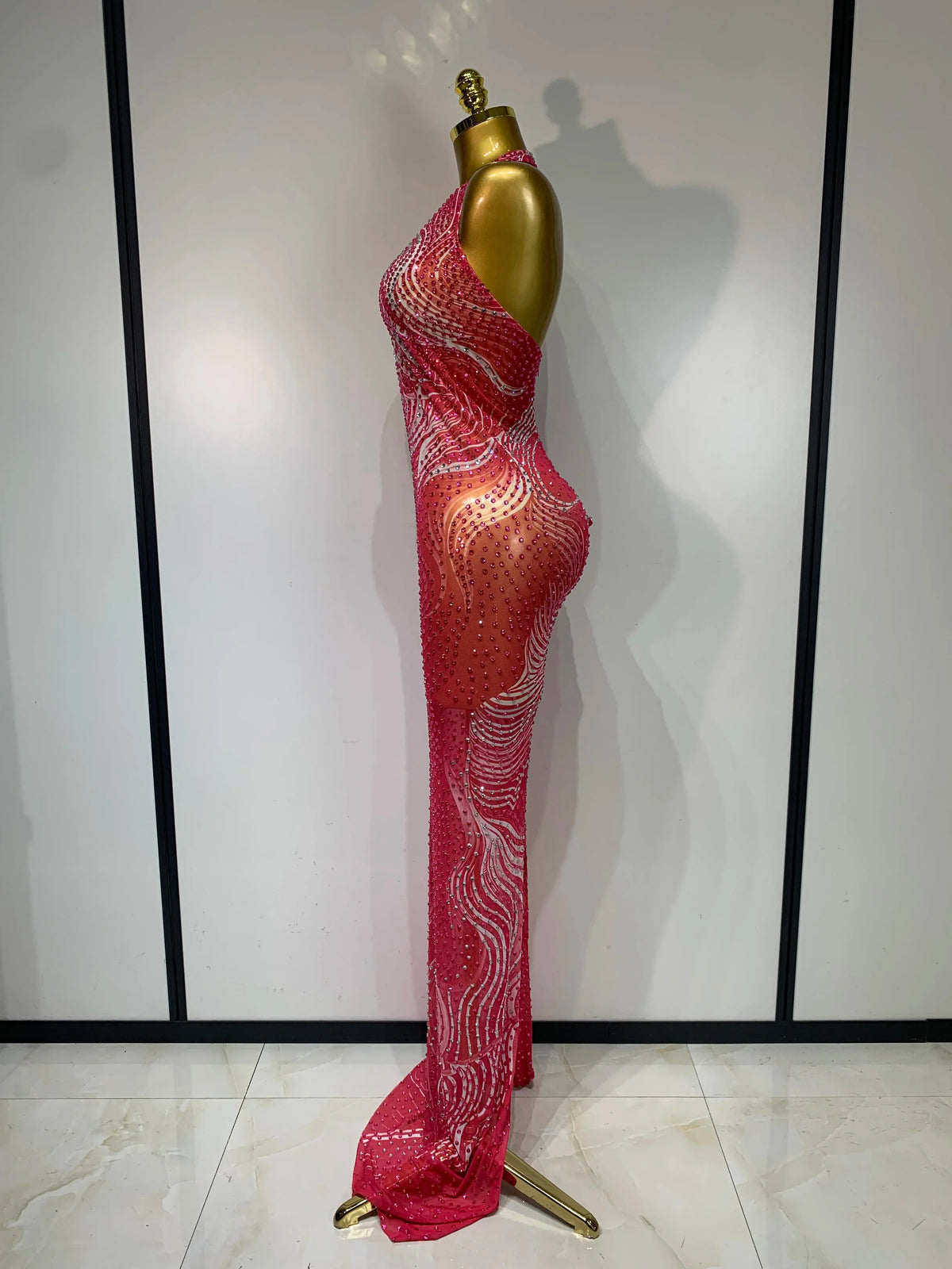 Luxe Rhinestone Mesh Maxi Dress- Peach Pink