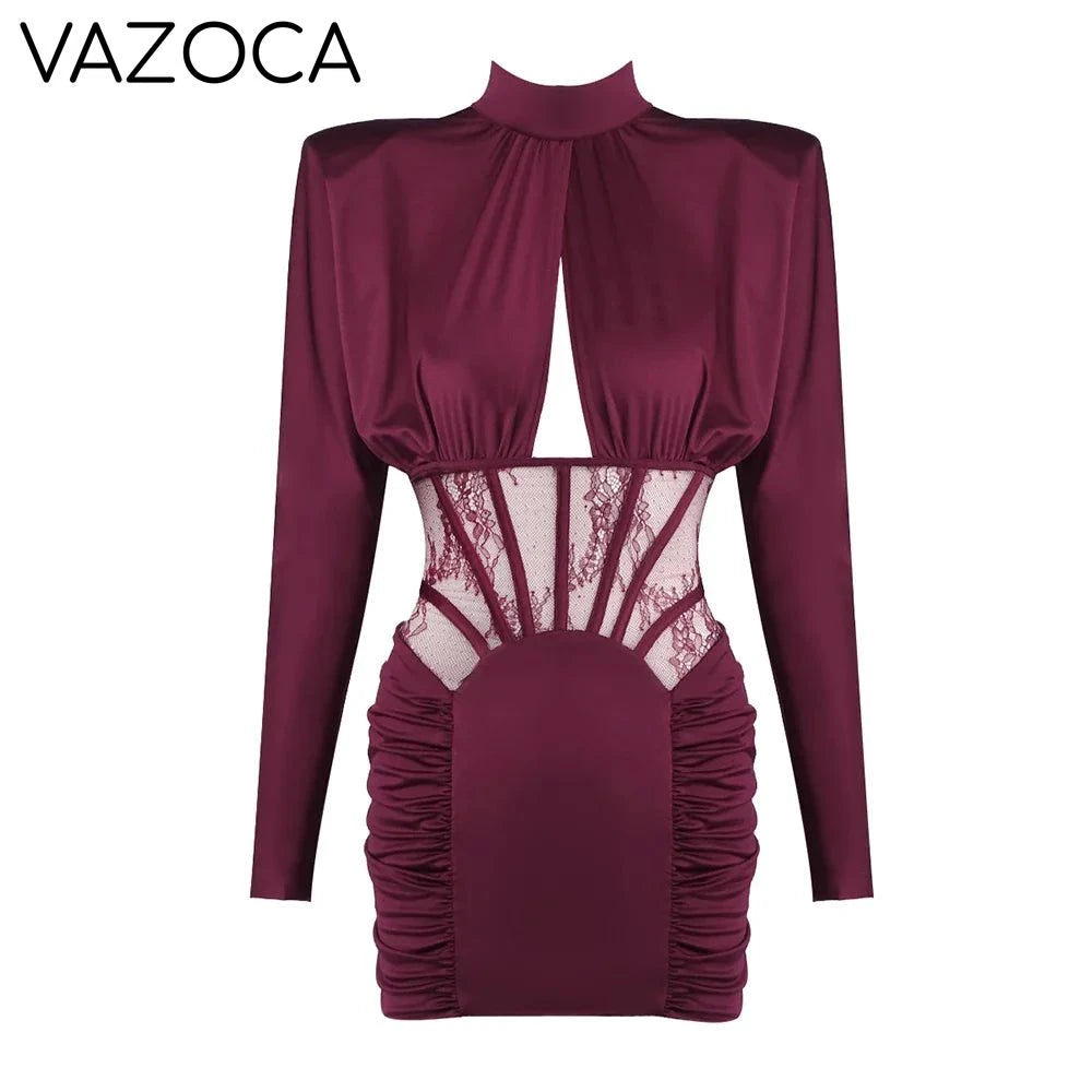 Burgundy Satin Corset Ruched Dress