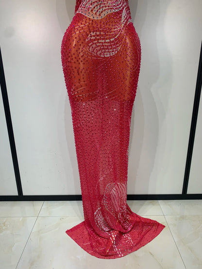 Luxe Rhinestone Mesh Maxi Dress- Peach Pink
